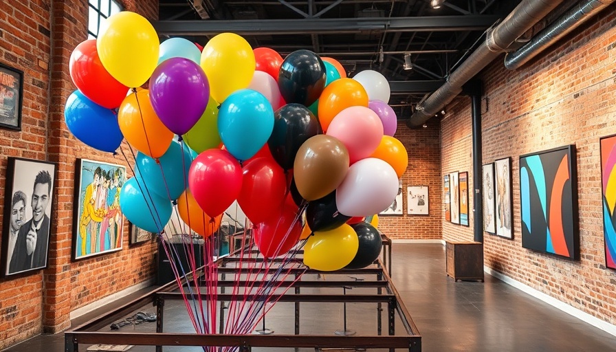 Industrial art gallery with contemporary art and colorful balloons.