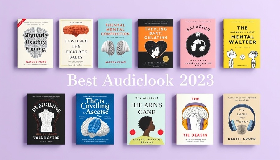 Collection of diverse audiobook covers for mental health topics against light purple.