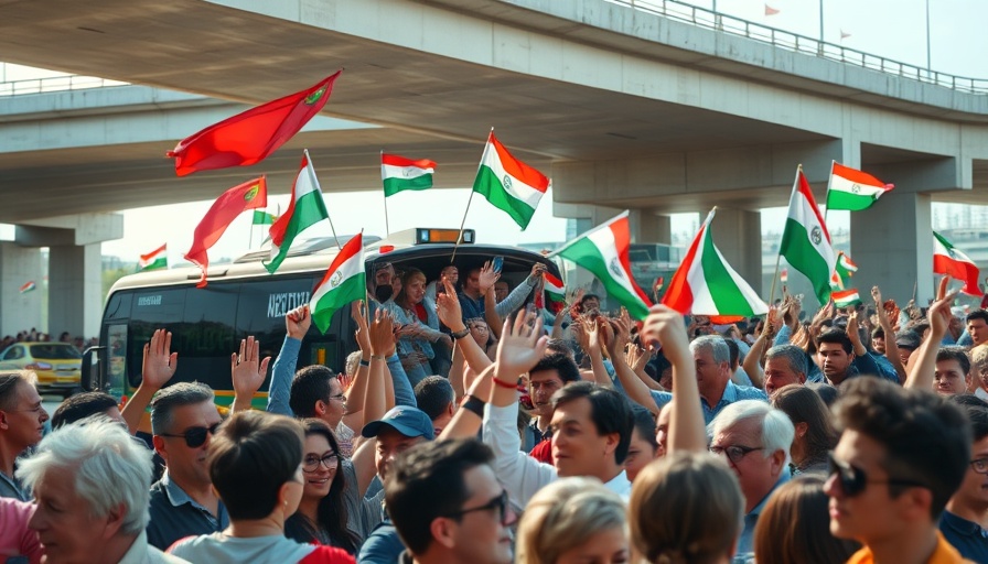 Crowd waves flags as land convoy leaves Tunisia for Gaza.