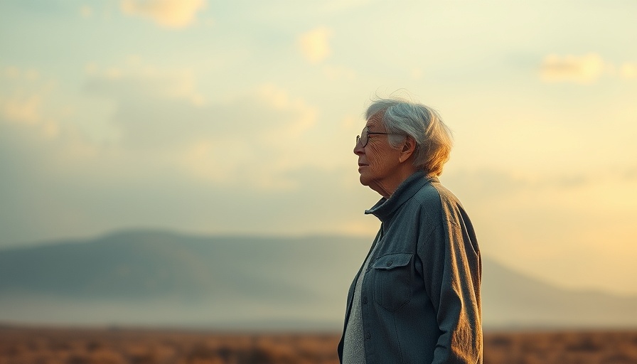 Elderly woman in abstract landscape, surreal art, contemplating harmful relational behaviors.