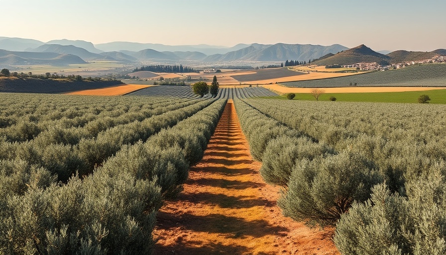 Expansive olive grove with rows of trees under soft light.