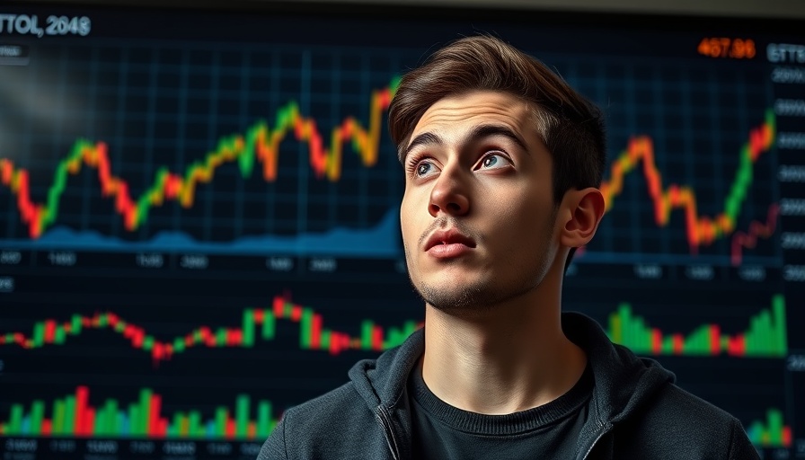Young man surprised by Bitcoin market graph, Bitcoin price prediction visual.