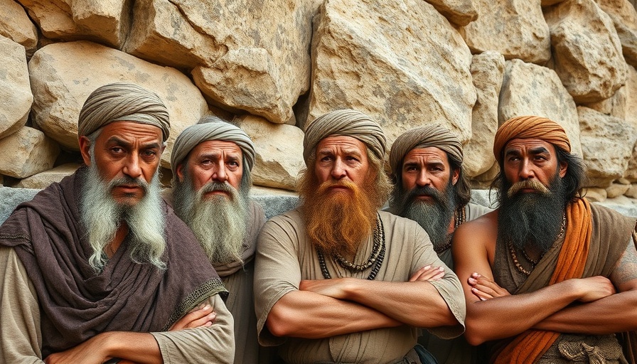 Ancient men in discussion, pondering decisions humorously.