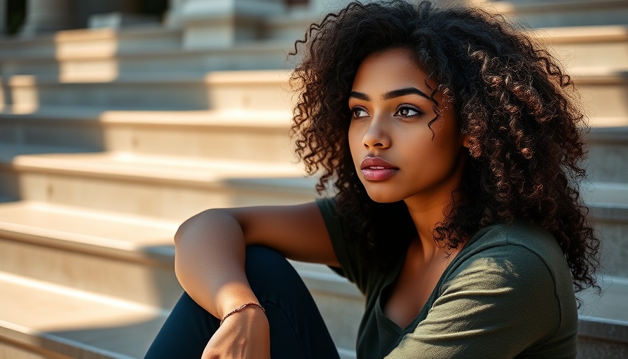 Thoughtful young woman on steps reflecting in sunlight.