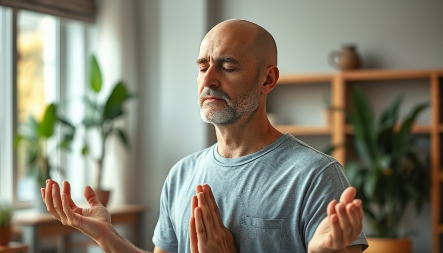 Man practicing a breathing exercise indoors, demonstrating the fastest way to de-stress