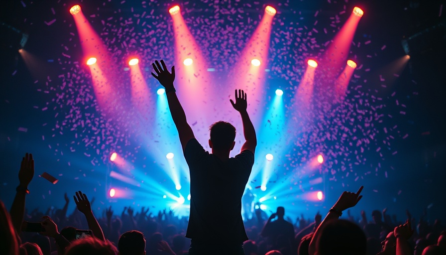 Silhouette of performer on stage with confetti, dramatic lighting.