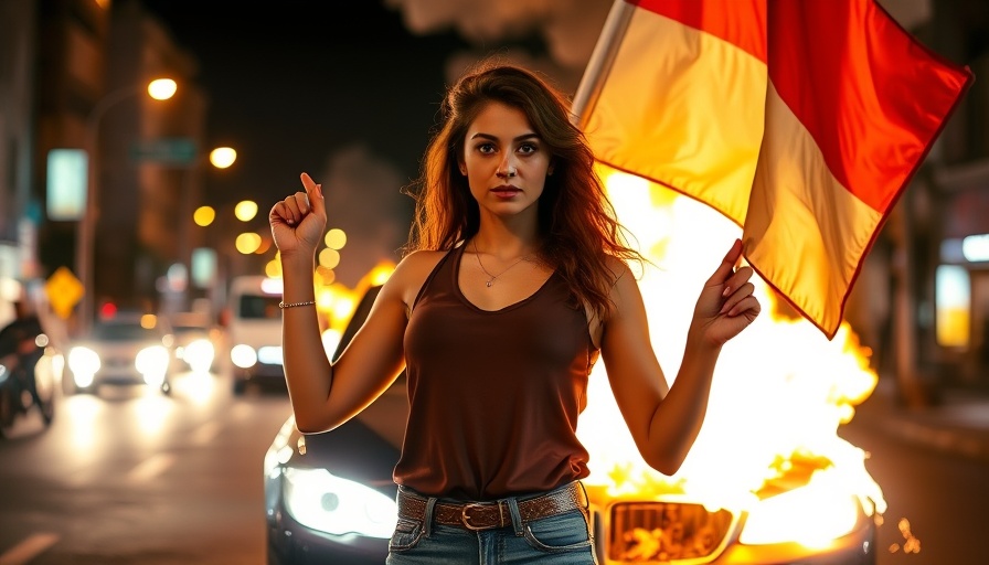 Woman with flag amidst riot violence exuberance, night scene.
