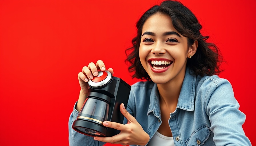 Cheerful woman with Keurig® K-Mini Mate™ by bicycle, bright background.
