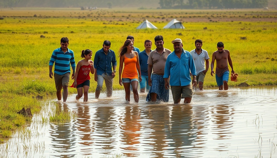 People engaging by muddy water in open field, representing life in DRC.