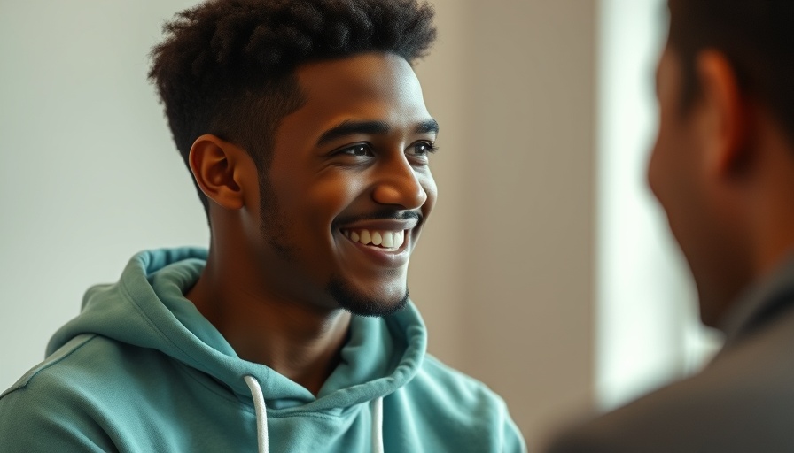 Smiling young man discussing credit card points for travel in casual setting.