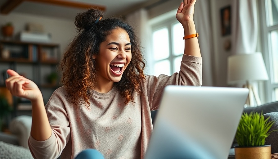 Young woman celebrating success in writing a blog post that drives organic traffic.