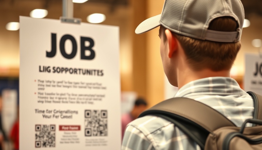 Young person at job fair reviewing Canada Summer Jobs program poster.