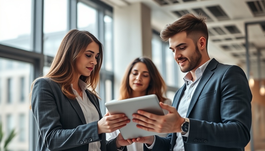 Two young professionals discussing cybersecurity solutions with a tablet in an office.