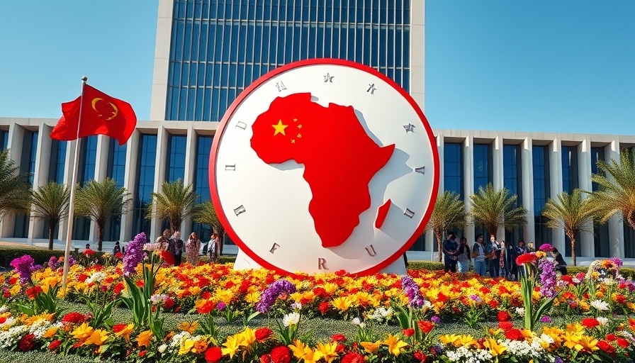 China-Africa Forum emblem with flowers and building backdrop
