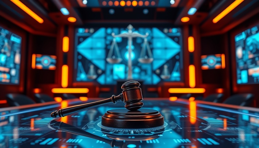 Futuristic gavel scene with digital elements, AI in customer interaction concept