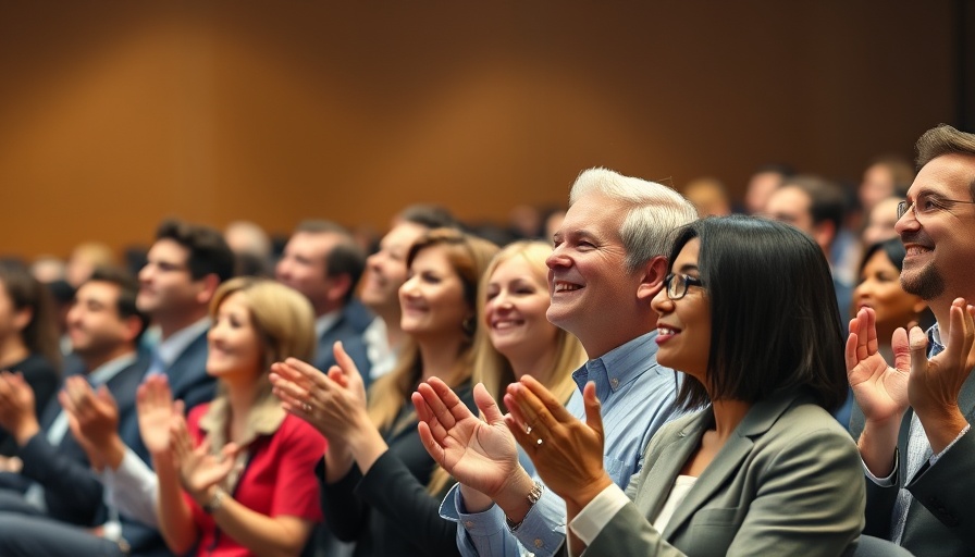 Enthusiastic audience applauding at a conference on email marketing tactics.