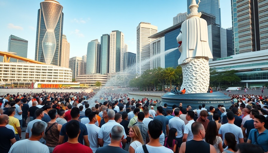 Crowds at Merlion Park symbolizing Hong Kong and Singapore collaboration potential.