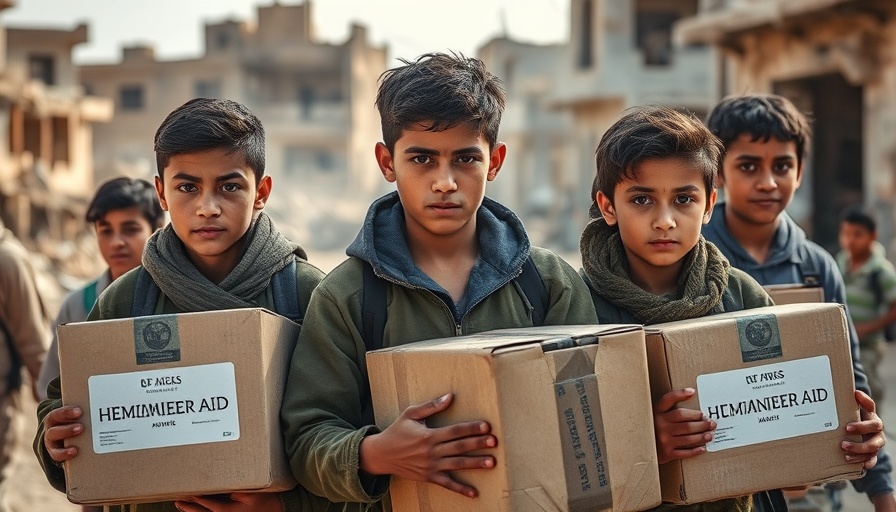 Men carrying humanitarian aid boxes in Gaza amid destruction.