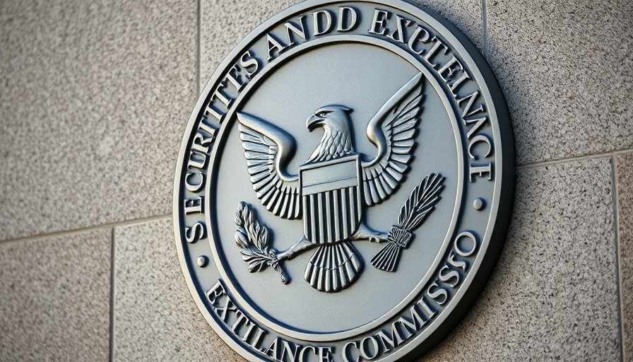Securities and Exchange Commission emblem, DeFi Regulation symbol.