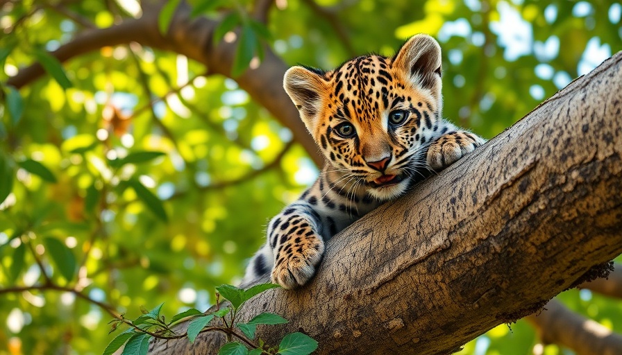 Baby leopard resting on a tree in Tanzania, showcasing its playful nature.