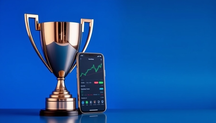 Best Mobile Broker of the Year Global 2025 award and trading app display.