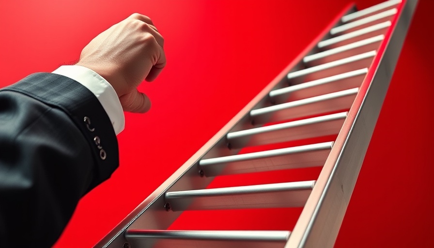 Professional hands climbing a ladder against a red backdrop, signifying B2B growth.