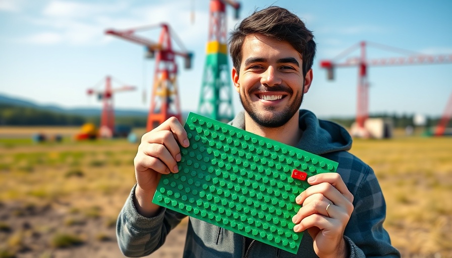 Cheerful man with Lego tower; concept related to OCD treatment.