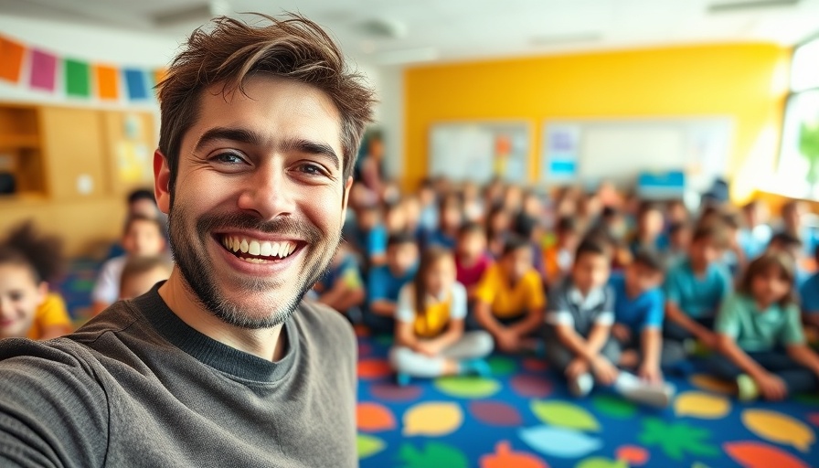 Vibrant school assembly with a smiling adult and children.