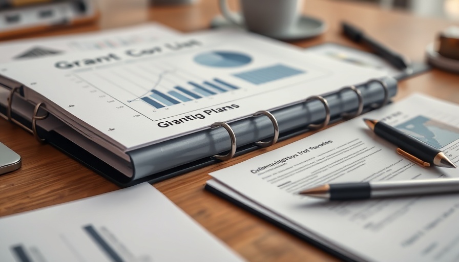 Grants binder with graphs and coffee for small business planning in Ireland.