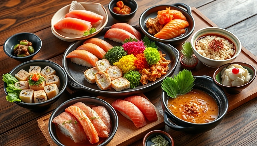 Vibrant Japanese dishes on a Hiroshima food tour table.