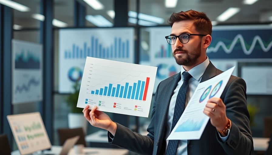 Business professional explaining graph data impacting brand consistency and market value.