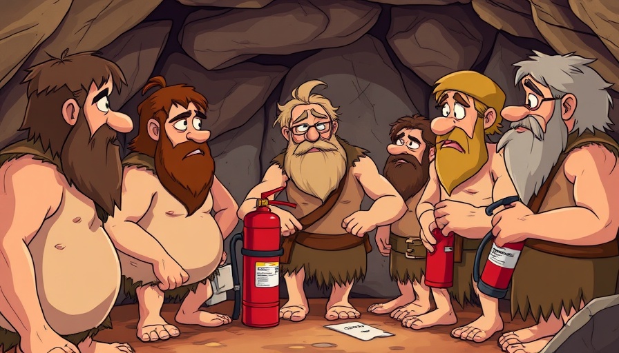 Humorous digital marketing news scene with cavemen and a scientist discussing fire.