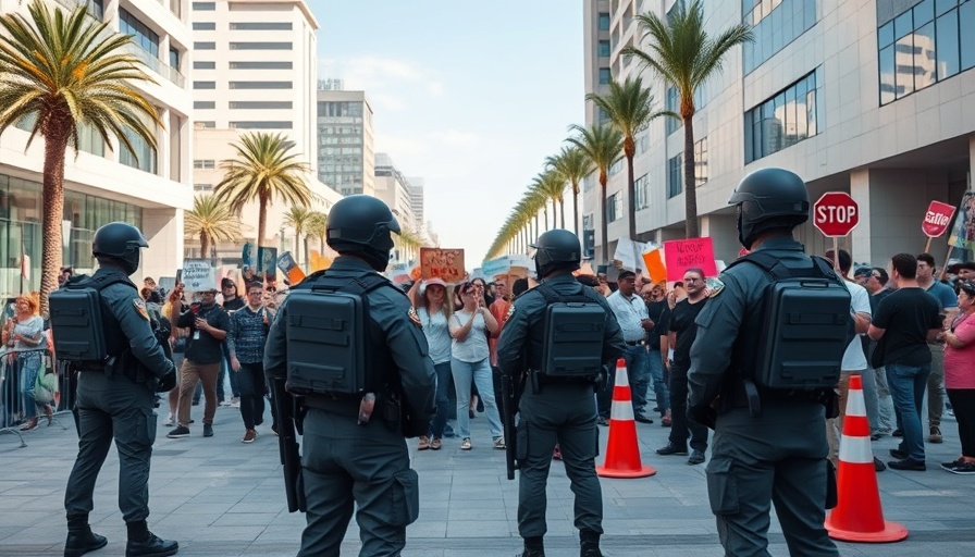 National Guard soldiers at protest with barriers and crowd.