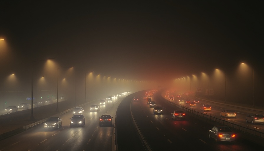 Foggy Tehran highway illuminated by car lights at night.