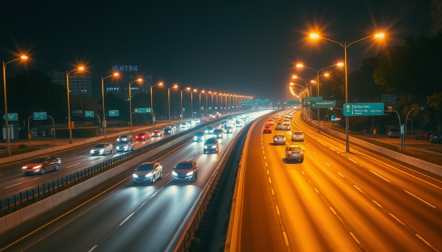 Nighttime city highway with cars and soft street lights.