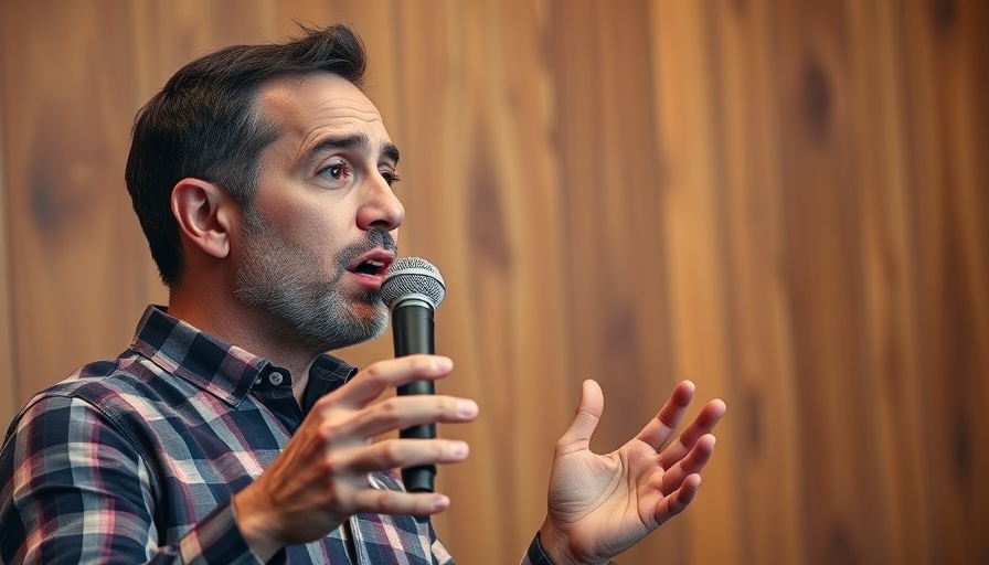 Speaker discusses video marketing strategies in front of a wooden panel background.