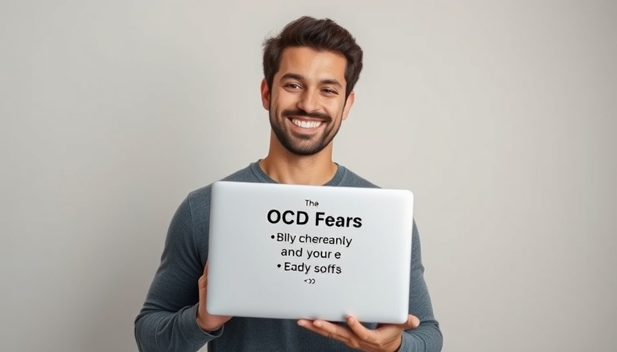 Man holding laptop with OCD fears message, smiling confidently.
