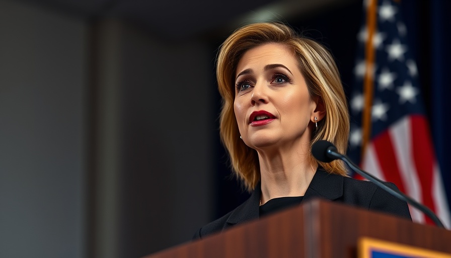 Confident woman speaking at an event with an American flag backdrop.