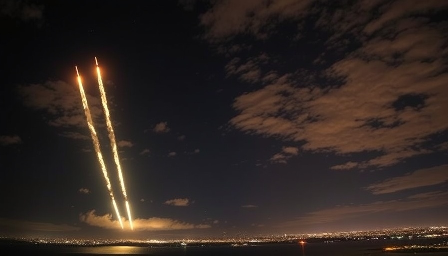 Iran response with missile trails over city skyline during Israel strikes.