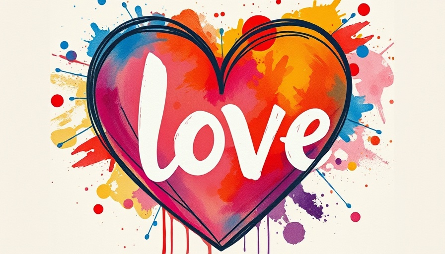 Colorful love-themed artwork with hearts and expressive text, signifying brand identity.