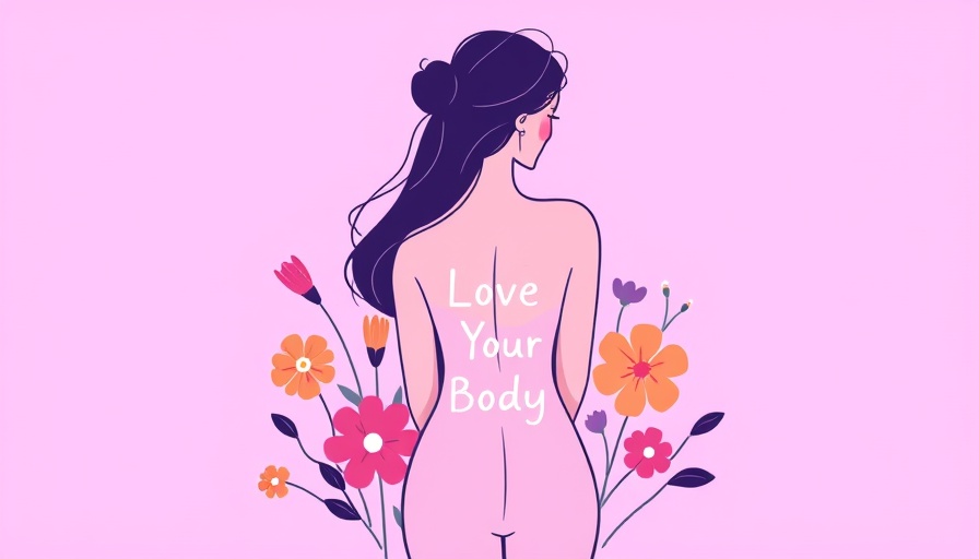 Woman embracing herself with flowers on purple background for mental health awareness.