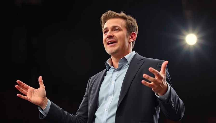 Confident male presenter delivering a keynote on innovation in business presentations.