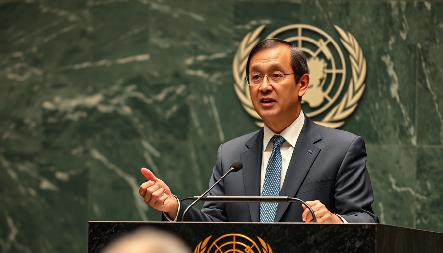 Distinguished speaker at UN podium in formal setting.