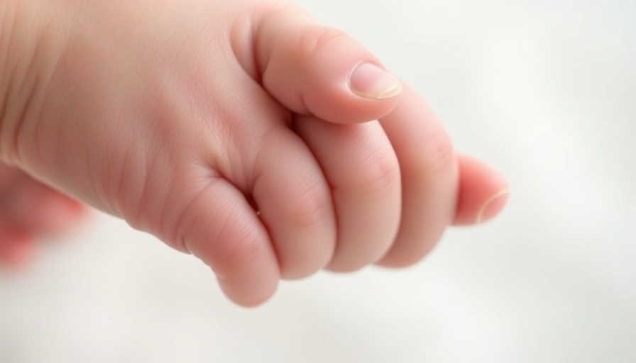 Newborn's hand grasping adult finger, symbolizing global fertility rate decline.