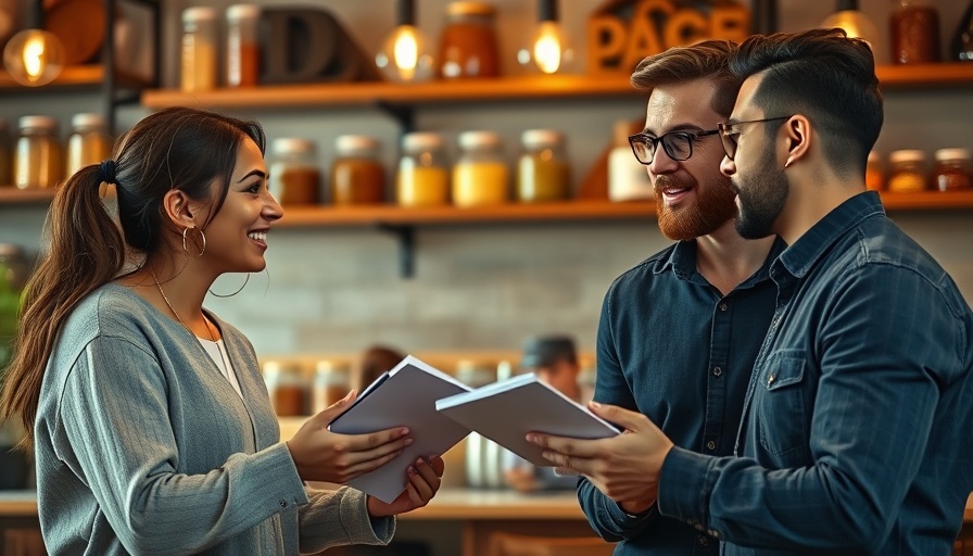 Small business owners planning local marketing budget in a cafe.
