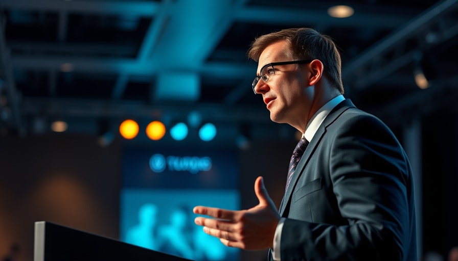 Cryptocurrency expert speaking on financial systems at a conference.