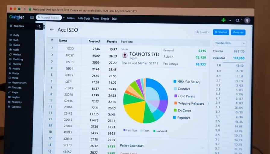 SEO spreadsheet showing keyword ranking and colorful pie chart.