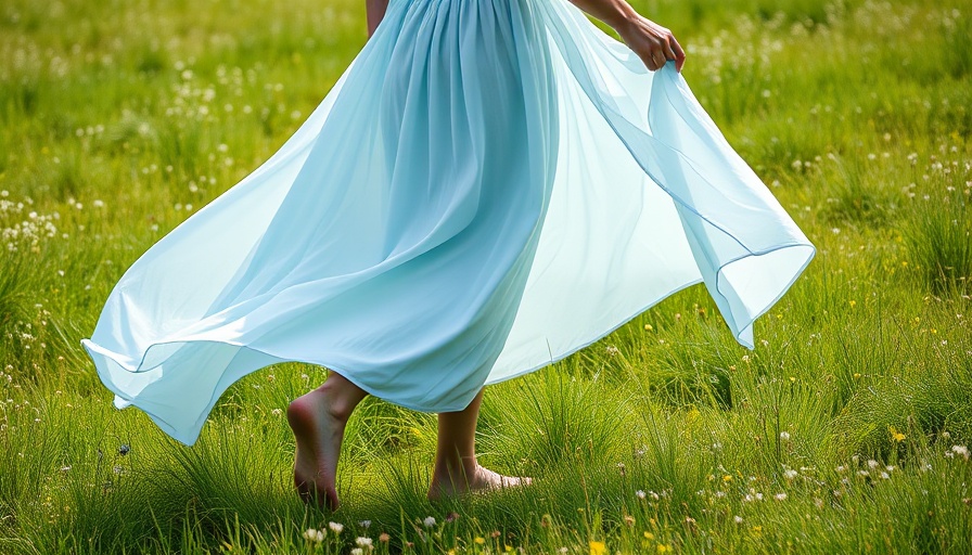Barefoot woman in blue dress walking through a meadow, symbolizing addiction recovery.