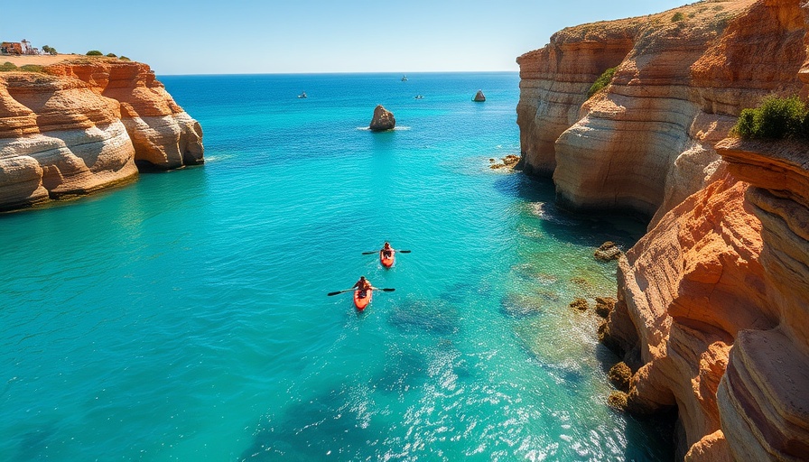 Kayakers exploring coastal cliffs in Algarve under sunny skies.