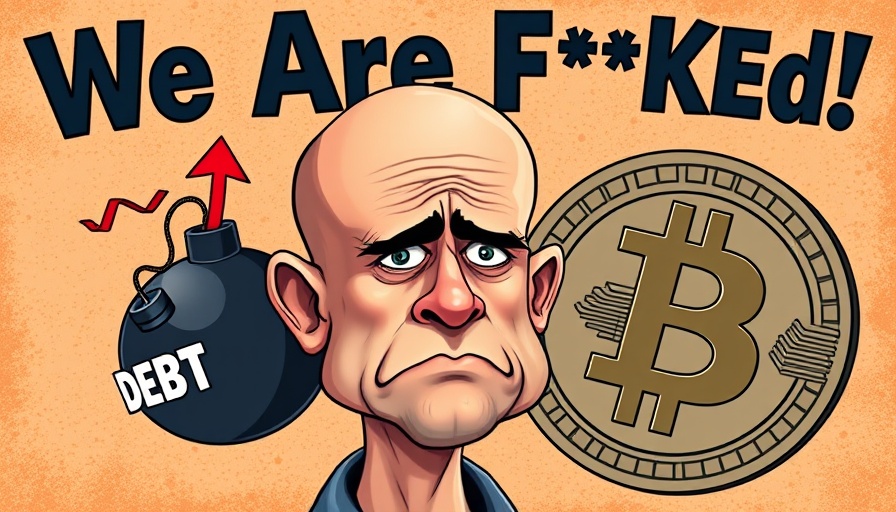 Bitcoin and debt caricature featuring concerned man and symbols